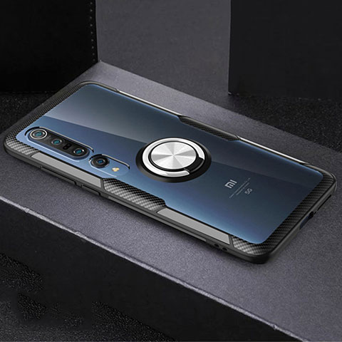 Funda Silicona Ultrafina Carcasa Transparente con Magnetico Anillo de dedo Soporte C01 para Xiaomi Mi 10 Pro Plata y Negro