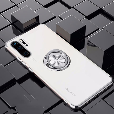 Funda Silicona Ultrafina Carcasa Transparente con Magnetico Anillo de dedo Soporte C02 para Huawei P30 Pro Blanco