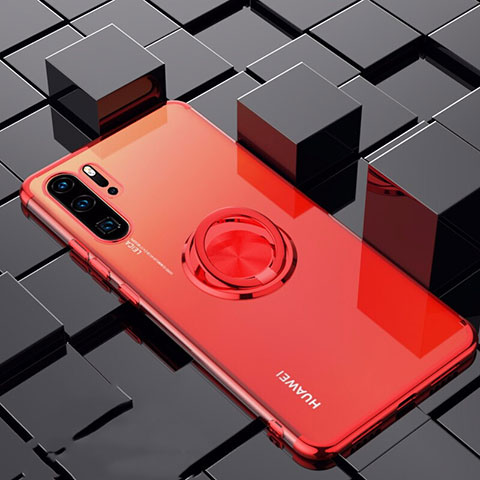 Funda Silicona Ultrafina Carcasa Transparente con Magnetico Anillo de dedo Soporte C02 para Huawei P30 Pro New Edition Rojo