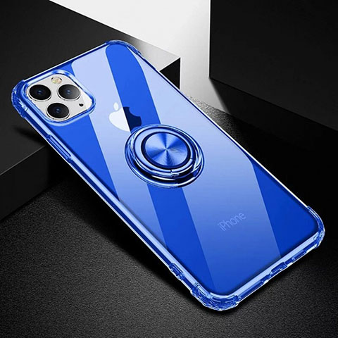 Funda Silicona Ultrafina Carcasa Transparente con Magnetico Anillo de dedo Soporte C03 para Apple iPhone 11 Pro Max Azul