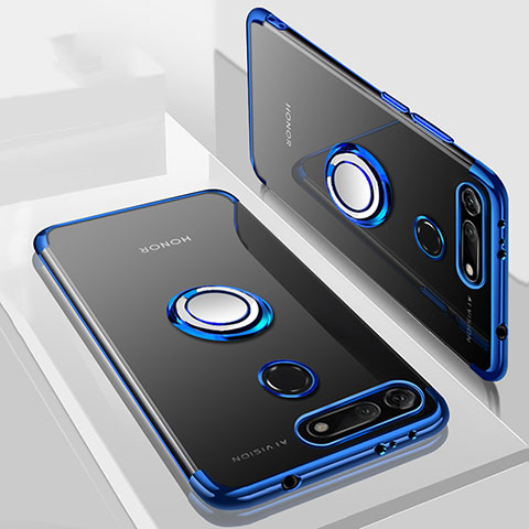 Funda Silicona Ultrafina Carcasa Transparente con Magnetico Anillo de dedo Soporte C03 para Huawei Honor V20 Azul
