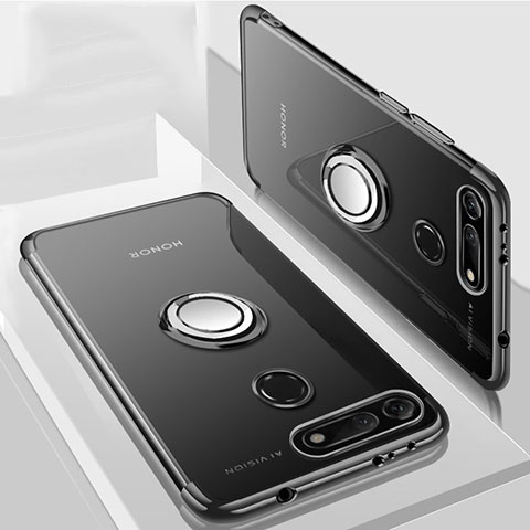 Funda Silicona Ultrafina Carcasa Transparente con Magnetico Anillo de dedo Soporte C03 para Huawei Honor V20 Negro