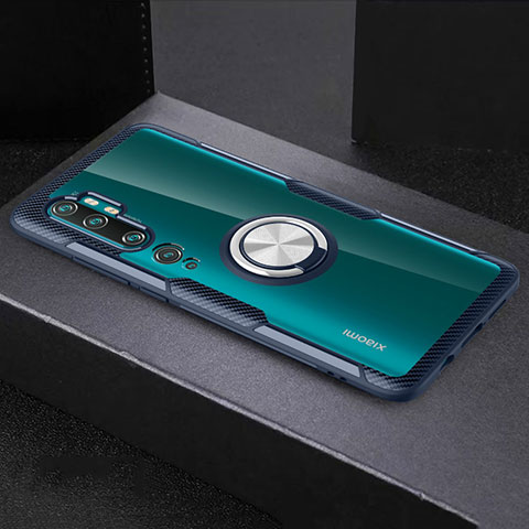 Funda Silicona Ultrafina Carcasa Transparente con Magnetico Anillo de dedo Soporte D01 para Xiaomi Mi Note 10 Azul