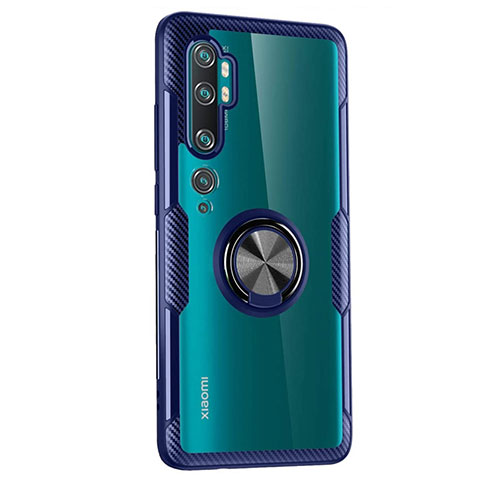 Funda Silicona Ultrafina Carcasa Transparente con Magnetico Anillo de dedo Soporte D02 para Xiaomi Mi Note 10 Azul
