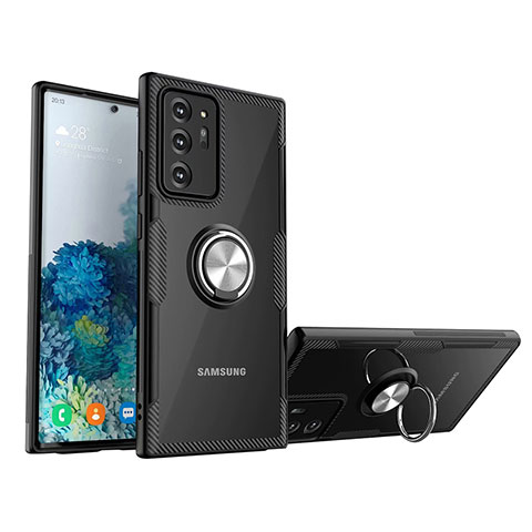 Funda Silicona Ultrafina Carcasa Transparente con Magnetico Anillo de dedo Soporte N01 para Samsung Galaxy Note 20 Ultra 5G Plata y Negro