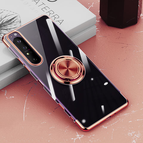 Funda Silicona Ultrafina Carcasa Transparente con Magnetico Anillo de dedo Soporte para Sony Xperia 1 III Oro Rosa