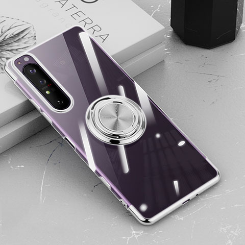 Funda Silicona Ultrafina Carcasa Transparente con Magnetico Anillo de dedo Soporte para Sony Xperia 1 III Plata