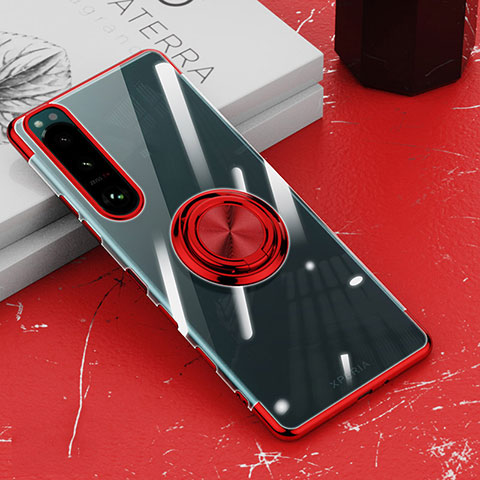 Funda Silicona Ultrafina Carcasa Transparente con Magnetico Anillo de dedo Soporte para Sony Xperia 5 III Rojo