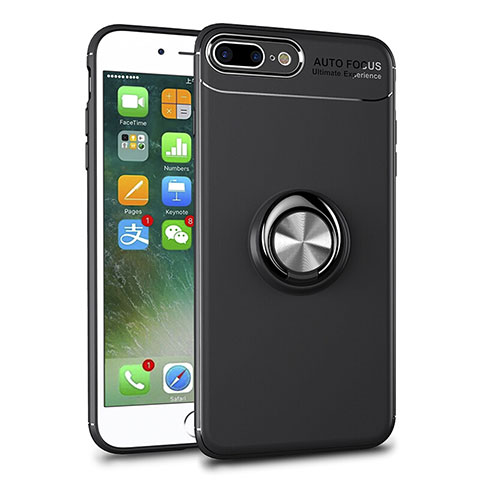 Funda Silicona Ultrafina Carcasa Transparente con Magnetico Anillo de dedo Soporte S01 para Apple iPhone 7 Plus Negro