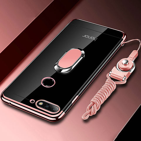 Funda Silicona Ultrafina Carcasa Transparente con Magnetico Anillo de dedo Soporte S01 para Huawei Enjoy 8e Oro Rosa