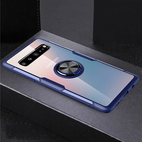 Funda Silicona Ultrafina Carcasa Transparente con Magnetico Anillo de dedo Soporte S01 para Samsung Galaxy S10 5G SM-G977B Azul y Negro