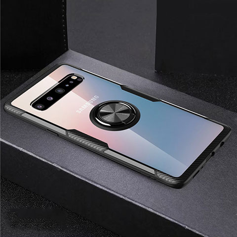 Funda Silicona Ultrafina Carcasa Transparente con Magnetico Anillo de dedo Soporte S01 para Samsung Galaxy S10 5G SM-G977B Negro