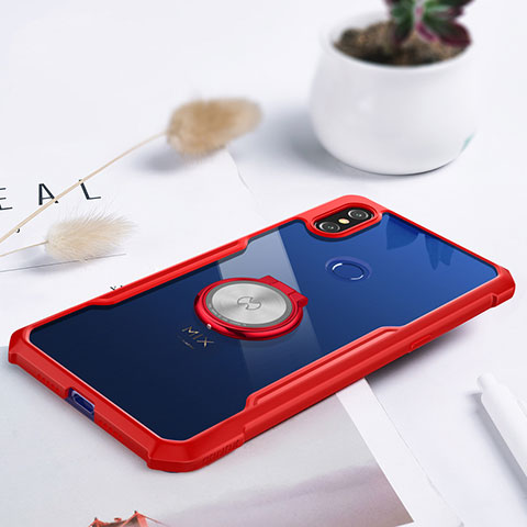 Funda Silicona Ultrafina Carcasa Transparente con Magnetico Anillo de dedo Soporte S01 para Xiaomi Mi Mix 3 Rojo