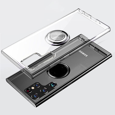 Funda Silicona Ultrafina Carcasa Transparente con Magnetico Anillo de dedo Soporte S05 para Samsung Galaxy S22 Ultra 5G Claro