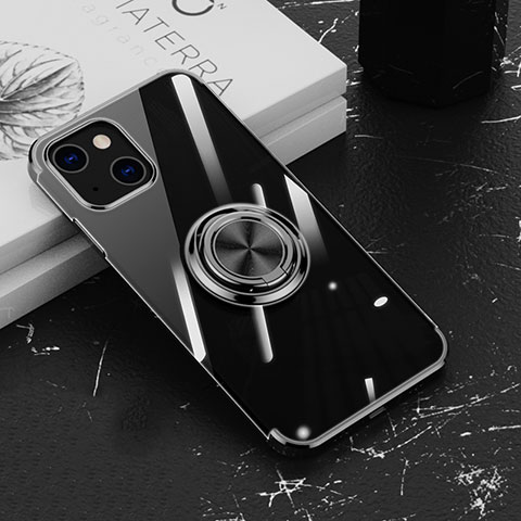Funda Silicona Ultrafina Carcasa Transparente con Magnetico Anillo de dedo Soporte Z02 para Apple iPhone 13 Mini Negro
