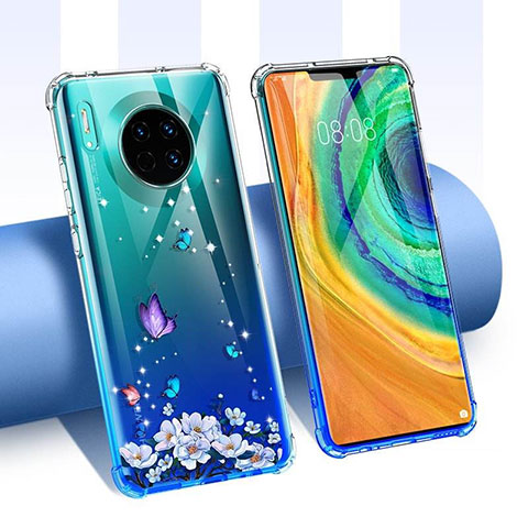 Funda Silicona Ultrafina Carcasa Transparente Flores para Huawei Mate 30 Azul