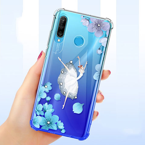 Funda Silicona Ultrafina Carcasa Transparente Flores para Huawei P30 Lite New Edition Azul