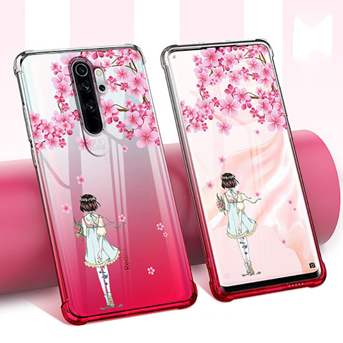 Funda Silicona Ultrafina Carcasa Transparente Flores para Xiaomi Redmi Note 8 Pro Rojo