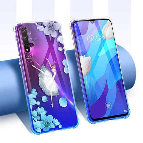 Funda Silicona Ultrafina Carcasa Transparente Flores T01 para Huawei Nova 5 Azul