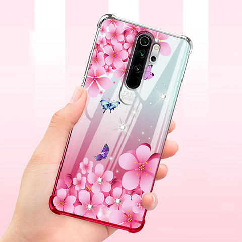 Funda Silicona Ultrafina Carcasa Transparente Flores T01 para Xiaomi Redmi Note 8 Pro Rosa Roja
