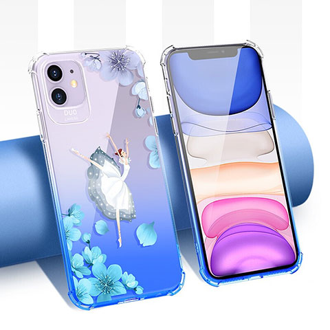 Funda Silicona Ultrafina Carcasa Transparente Flores T04 para Apple iPhone 11 Azul