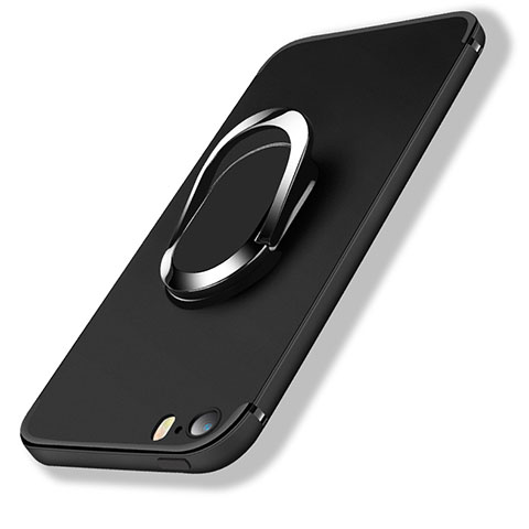 Funda Silicona Ultrafina Goma con Anillo de dedo Soporte A01 para Apple iPhone SE Negro