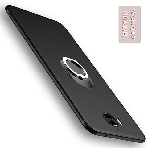 Funda Silicona Ultrafina Goma con Anillo de dedo Soporte para Huawei Y6 (2017) Negro