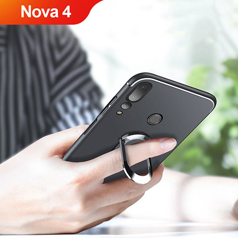 Funda Silicona Ultrafina Goma con Magnetico Anillo de dedo Soporte para Huawei Nova 4 Negro