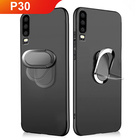 Funda Silicona Ultrafina Goma con Magnetico Anillo de dedo Soporte para Huawei P30 Negro