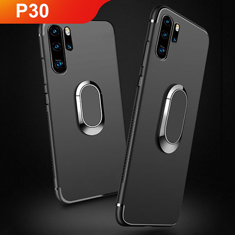 Funda Silicona Ultrafina Goma con Magnetico Anillo de dedo Soporte para Huawei P30 Pro Negro