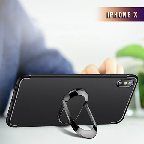 Funda Silicona Ultrafina Transparente con Anillo de dedo Soporte R01 para Apple iPhone Xs Max Negro