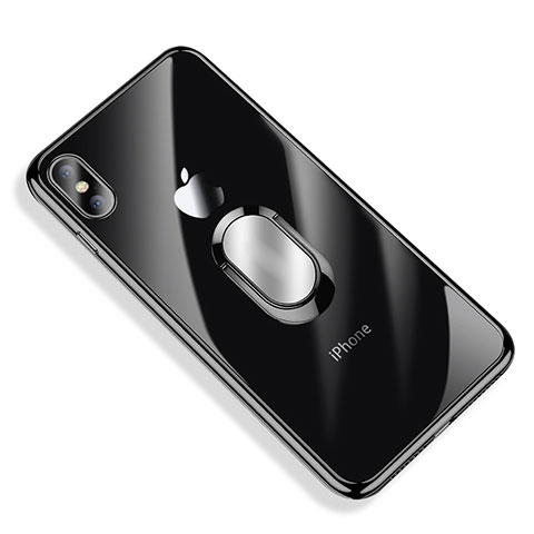 Funda Silicona Ultrafina Transparente con Anillo de dedo Soporte T01 para Apple iPhone Xs Max Negro