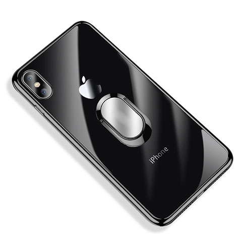 Funda Silicona Ultrafina Transparente con Anillo de dedo Soporte T01 para Apple iPhone Xs Negro