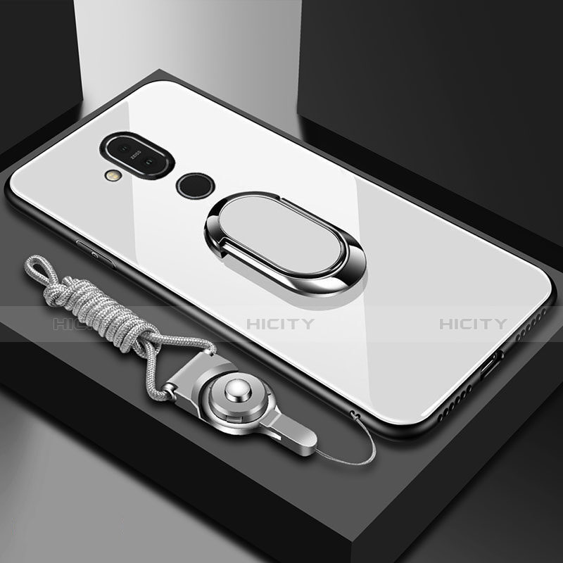 Carcasa Bumper Funda Silicona Espejo con Anillo de dedo Soporte para Nokia 7.1 Plus Blanco