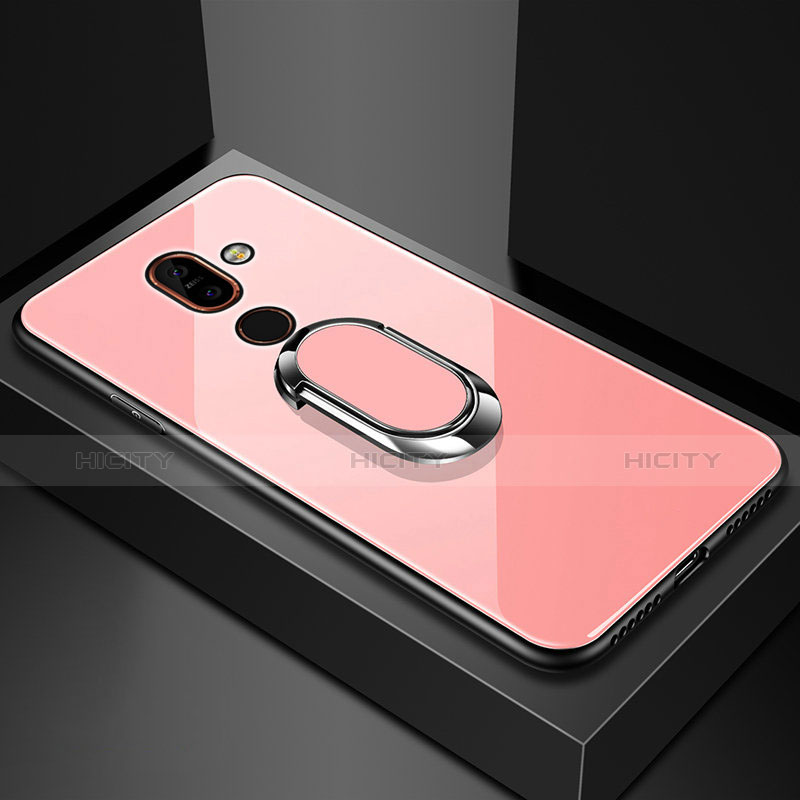 Carcasa Bumper Funda Silicona Espejo con Anillo de dedo Soporte para Nokia 7 Plus Oro Rosa