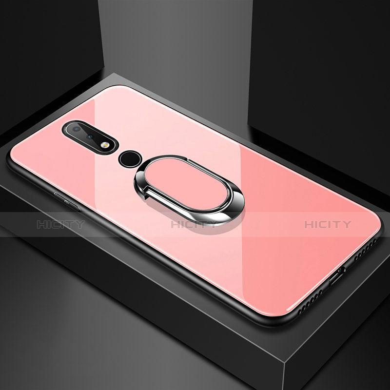 Carcasa Bumper Funda Silicona Espejo con Anillo de dedo Soporte para Nokia X6 Oro Rosa