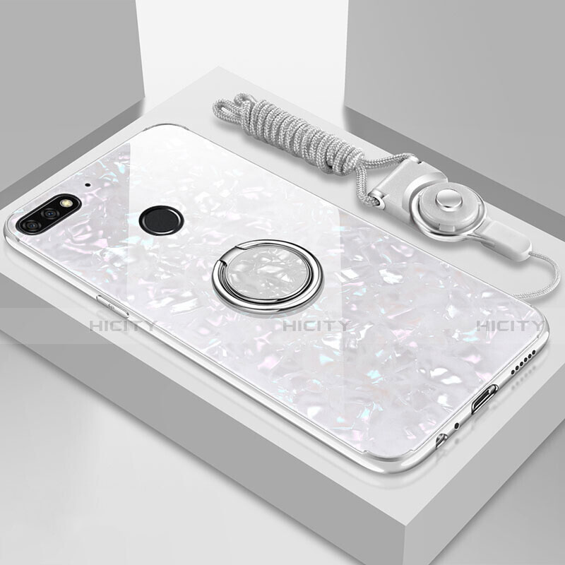 Carcasa Bumper Funda Silicona Espejo con Magnetico Anillo de dedo Soporte M01 para Huawei Enjoy 8e Blanco