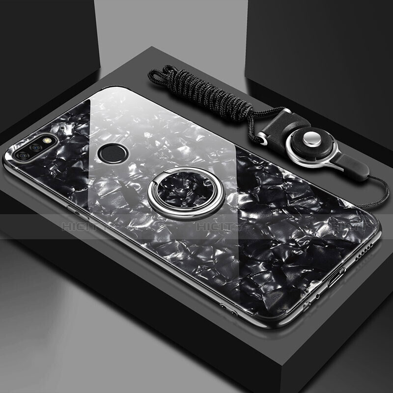 Carcasa Bumper Funda Silicona Espejo con Magnetico Anillo de dedo Soporte M01 para Huawei Y6 Prime (2018) Negro