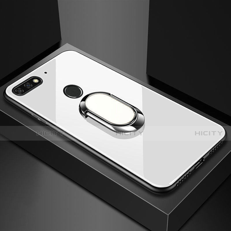 Carcasa Bumper Funda Silicona Espejo con Magnetico Anillo de dedo Soporte para Huawei Enjoy 8e Blanco