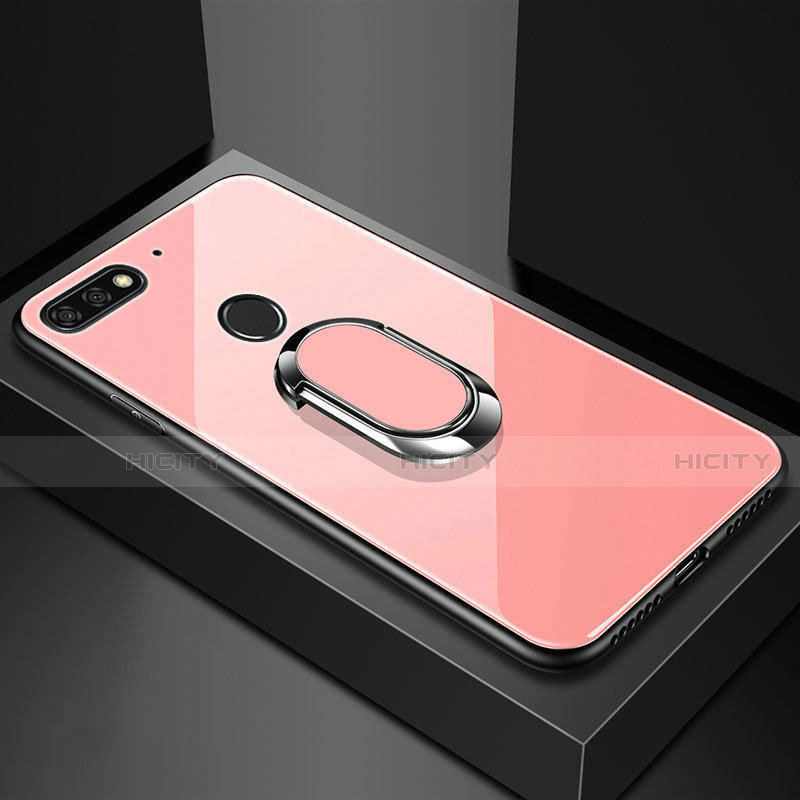 Carcasa Bumper Funda Silicona Espejo con Magnetico Anillo de dedo Soporte para Huawei Enjoy 8e Oro Rosa