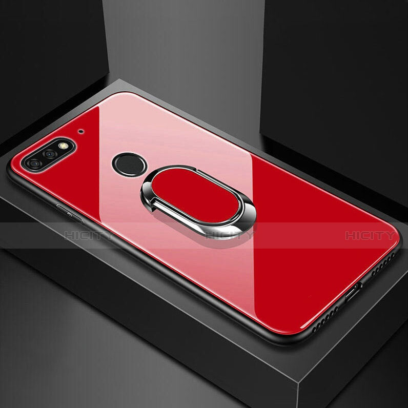 Carcasa Bumper Funda Silicona Espejo con Magnetico Anillo de dedo Soporte para Huawei Honor 7A Rojo