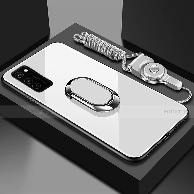 Carcasa Bumper Funda Silicona Espejo con Magnetico Anillo de dedo Soporte para Huawei Honor View 30 5G Blanco