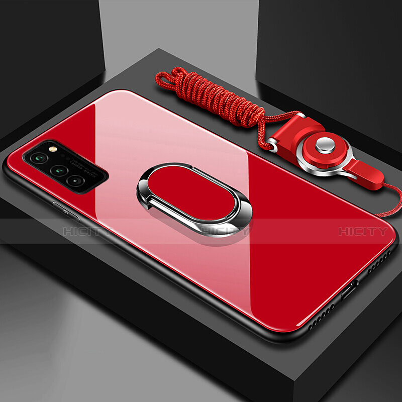 Carcasa Bumper Funda Silicona Espejo con Magnetico Anillo de dedo Soporte para Huawei Honor View 30 Pro 5G Rojo