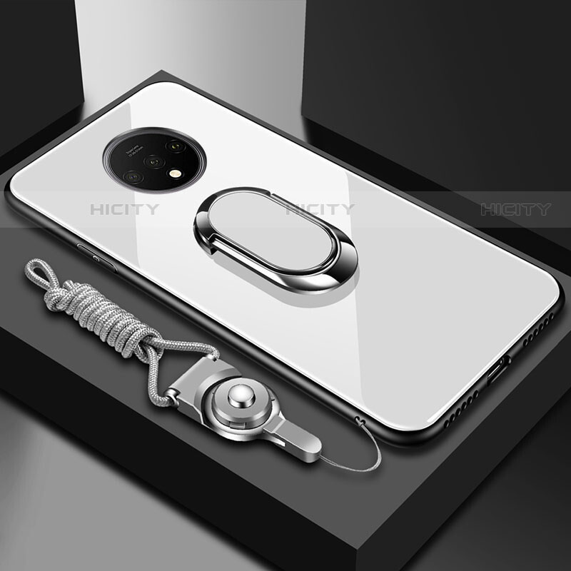 Carcasa Bumper Funda Silicona Espejo con Magnetico Anillo de dedo Soporte para OnePlus 7T Blanco
