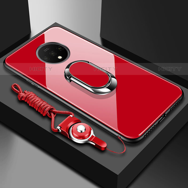 Carcasa Bumper Funda Silicona Espejo con Magnetico Anillo de dedo Soporte para OnePlus 7T Rojo