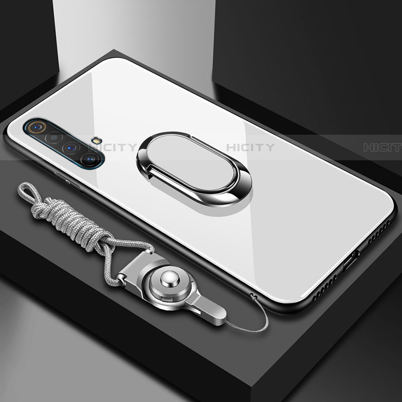 Carcasa Bumper Funda Silicona Espejo con Magnetico Anillo de dedo Soporte para Realme X50 5G Blanco