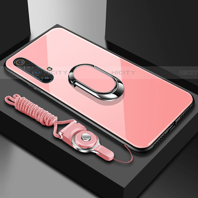 Carcasa Bumper Funda Silicona Espejo con Magnetico Anillo de dedo Soporte para Realme X50 5G Rosa