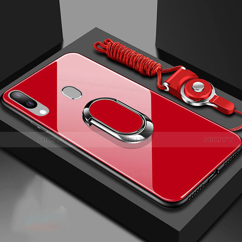 Carcasa Bumper Funda Silicona Espejo con Magnetico Anillo de dedo Soporte para Samsung Galaxy A30 Rojo