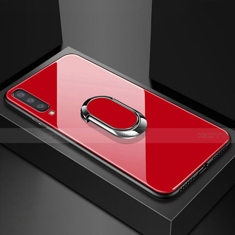 Carcasa Bumper Funda Silicona Espejo con Magnetico Anillo de dedo Soporte para Samsung Galaxy A70 Rojo