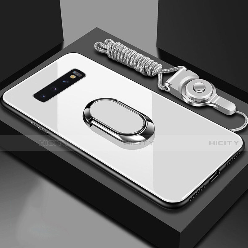 Carcasa Bumper Funda Silicona Espejo con Magnetico Anillo de dedo Soporte para Samsung Galaxy S10 Blanco